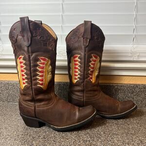 Caballo Dorado Women US 6.5 MX 23.5 Brown Indian Chief Inlay Leather Cowboy Boot